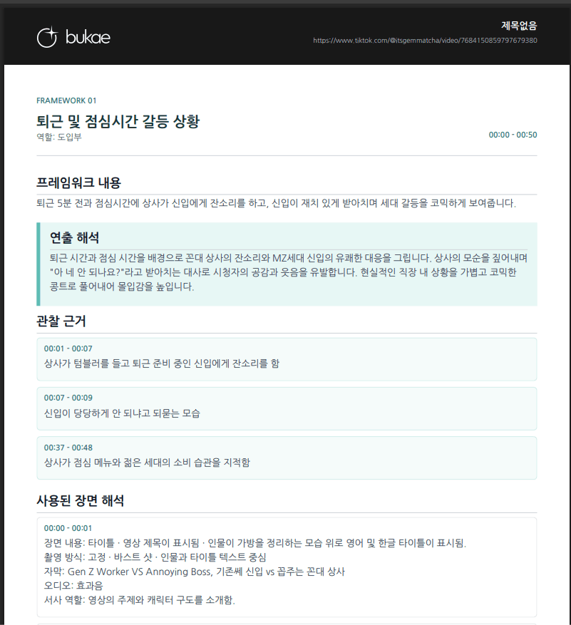 실제 분석 리포트 예시: 프레임워크 내용, 연출 해석과 관찰 근거